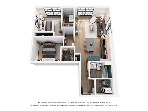 A 3D floor plan of a house with a kitchen, living room, and two bedrooms.